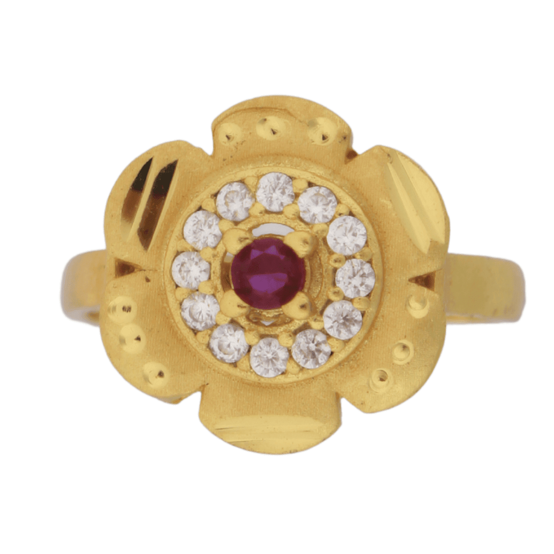 Gold-Plated Adjustable Petal Design Ring with Ruby Center & CZ Accents