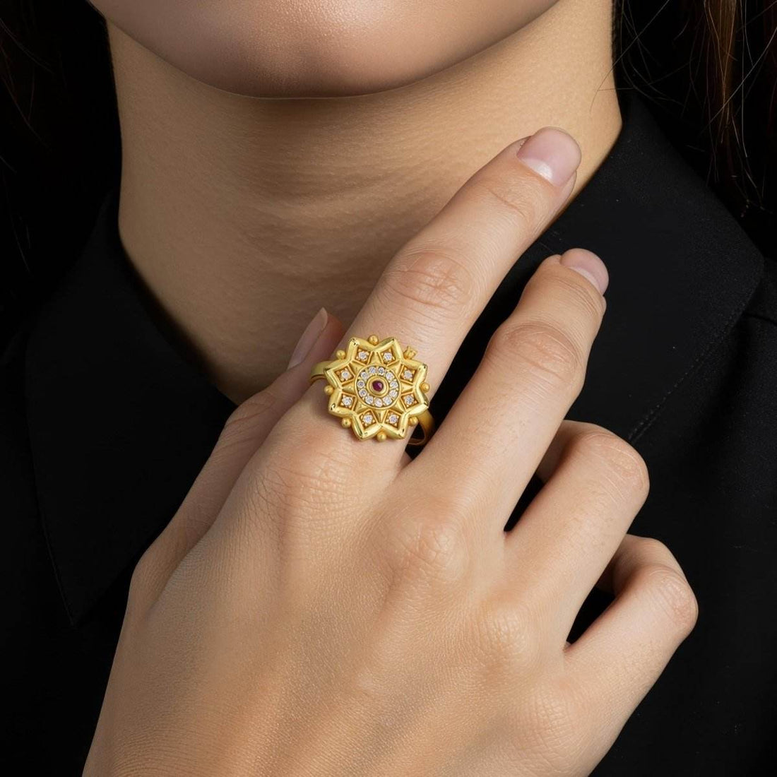Gold-Plated Floral Adjustable Ring with Ruby & CZ Stones for Women