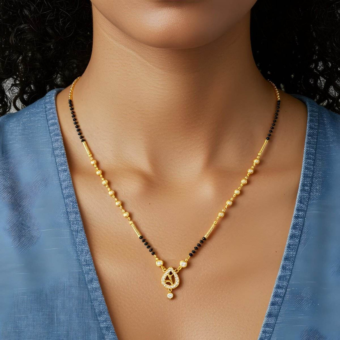 Teardrop Floral Pendant Gold-Plated Mangalsutra - BeMine
