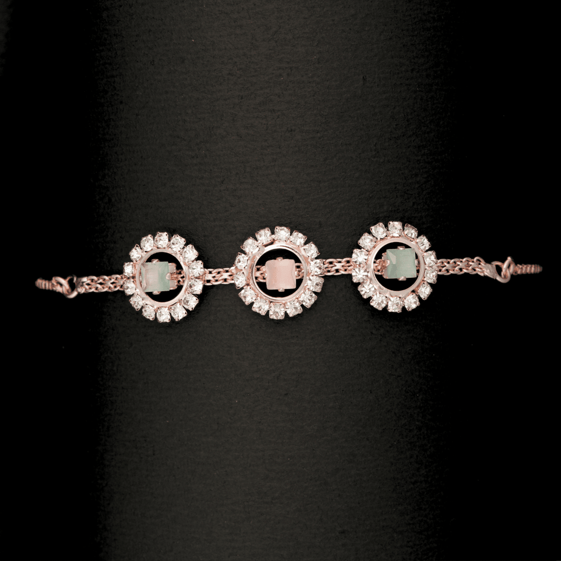 Triple Bloom Bracelet – Pastel Stones in Floral Halo, Rose Gold Adjustable Chain
