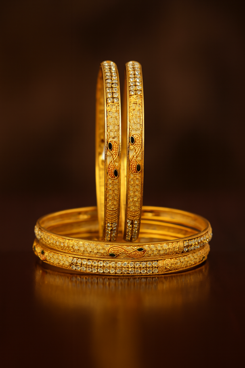 4 Piece Gold Plated Bangles with Peacock Enamel & Stone Studded Design for Women