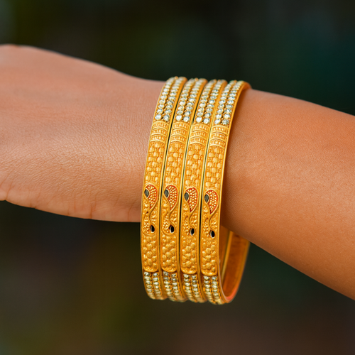 4 Piece Gold Plated Bangles with Peacock Enamel & Stone Studded Design for Women
