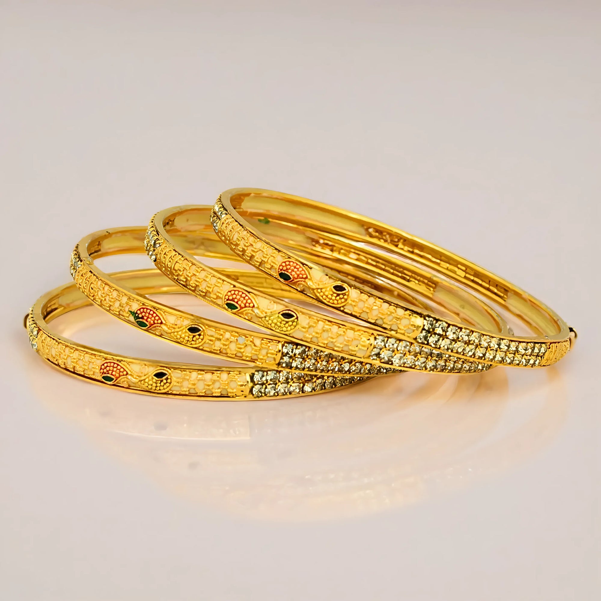 4 Piece Gold Plated Bangles with Peacock Enamel & Stone Studded Design for Women