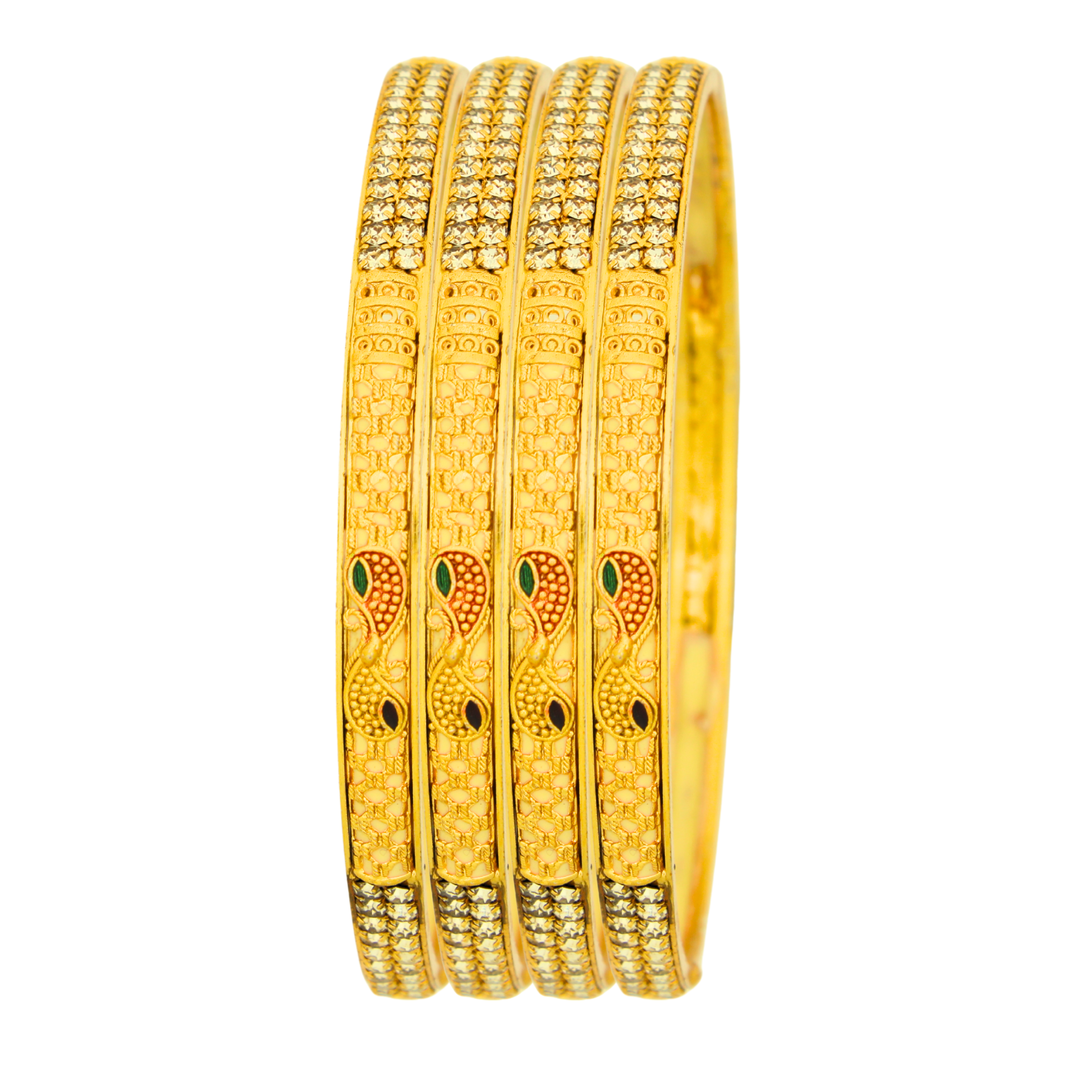 4 Piece Gold Plated Bangles with Peacock Enamel & Stone Studded Design for Women