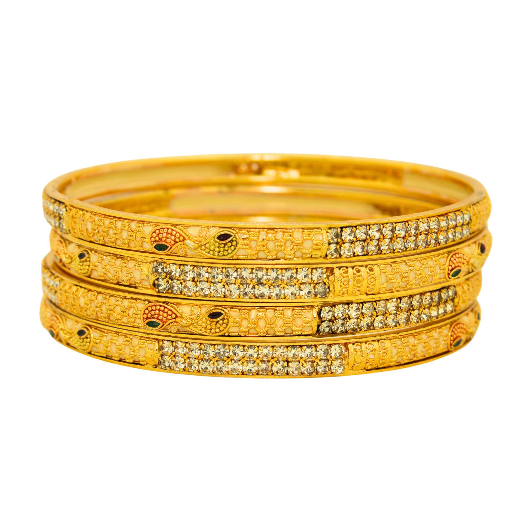 4 Piece Gold Plated Bangles with Peacock Enamel & Stone Studded Design for Women