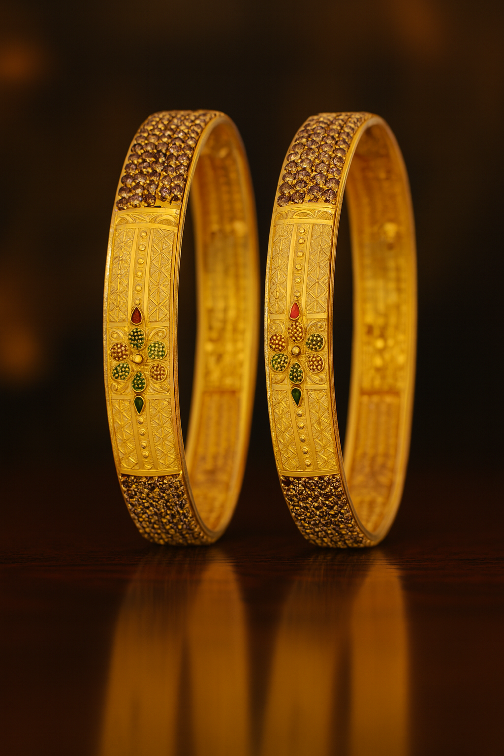 Antique Gold Plated Kada Bangles with Floral Design & Stone Work for Women