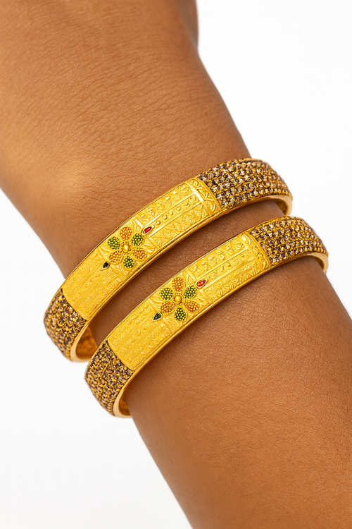 Antique Gold Plated Kada Bangles with Floral Design & Stone Work for Women