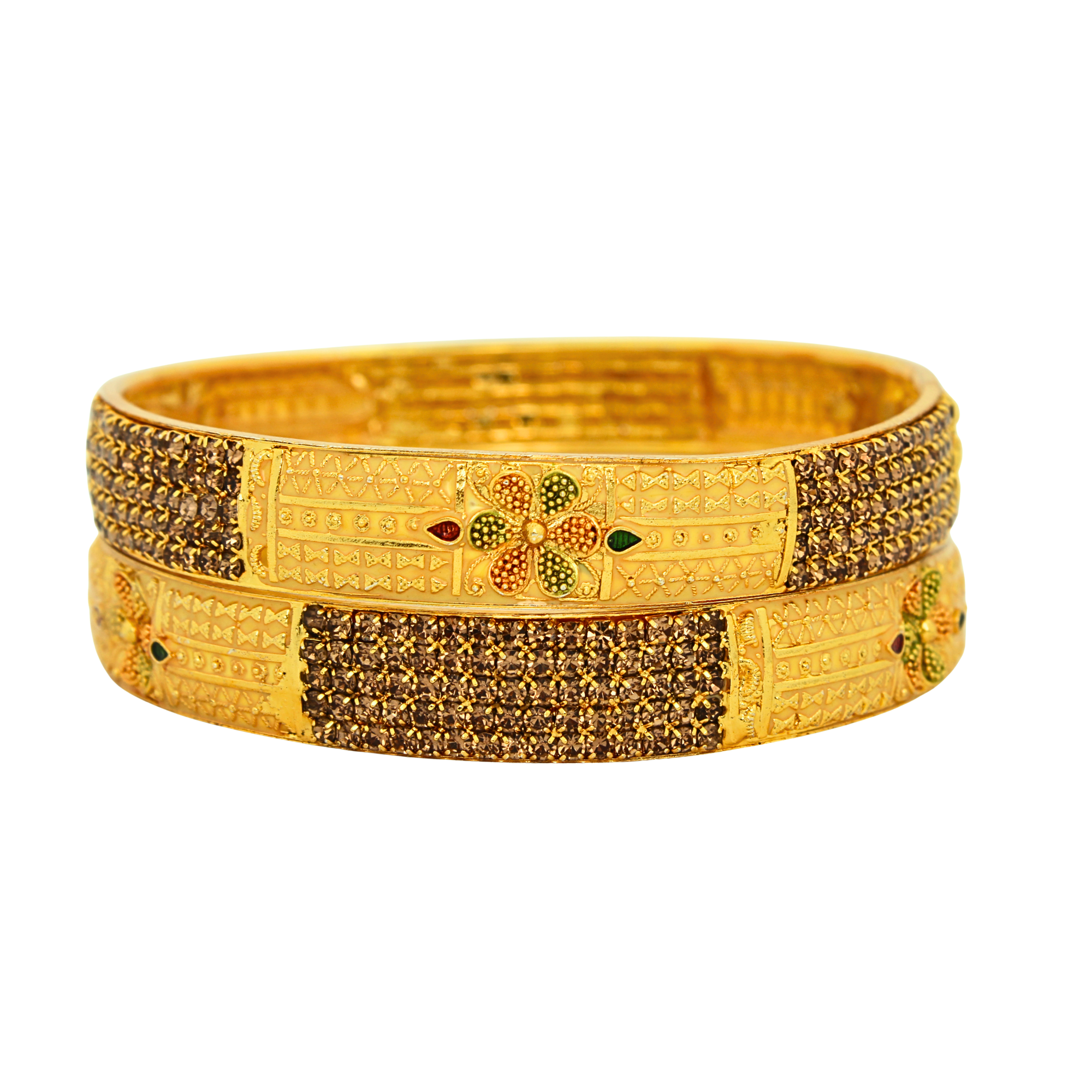 Antique Gold Plated Kada Bangles with Floral Design & Stone Work for Women