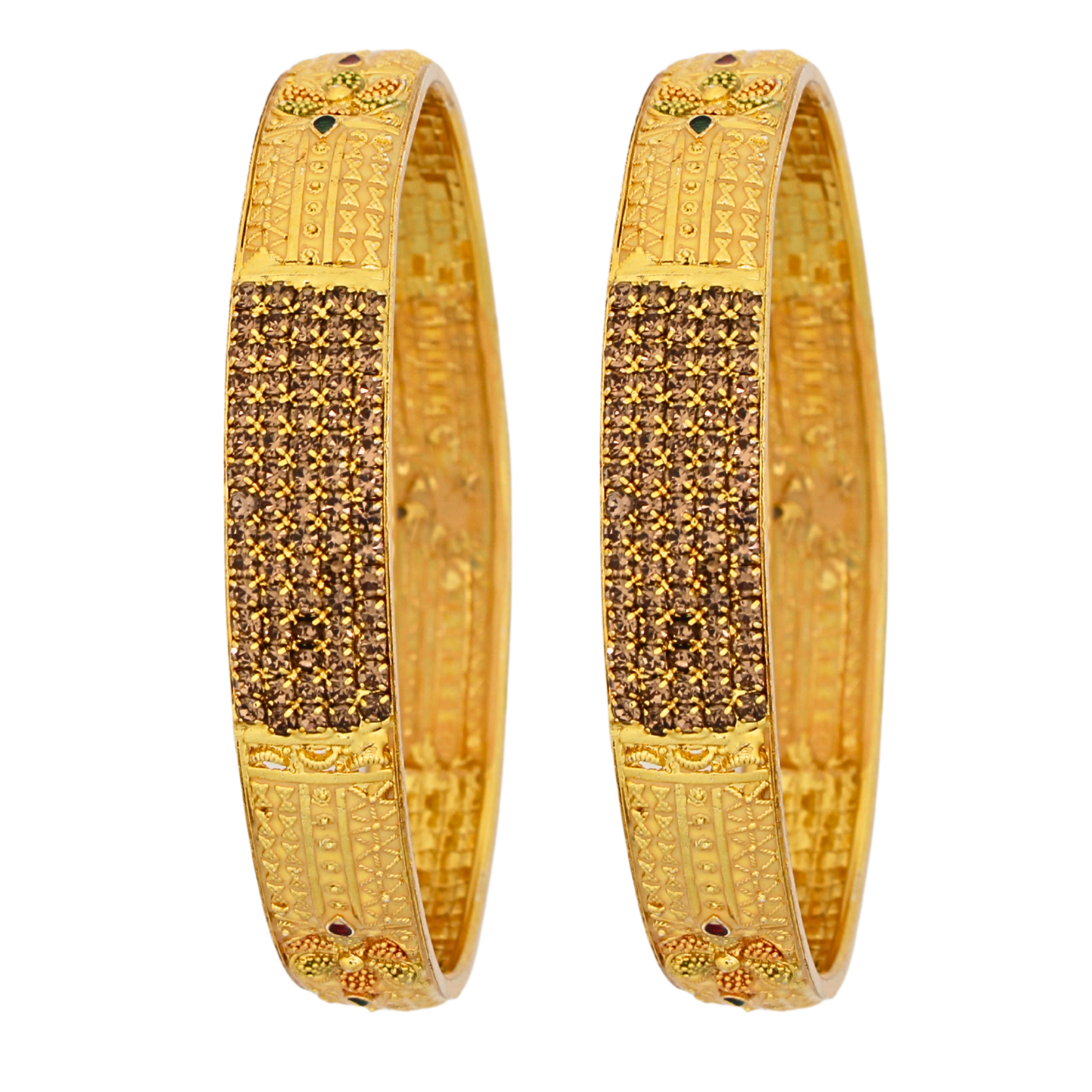 Antique Gold Plated Kada Bangles with Floral Design & Stone Work for Women