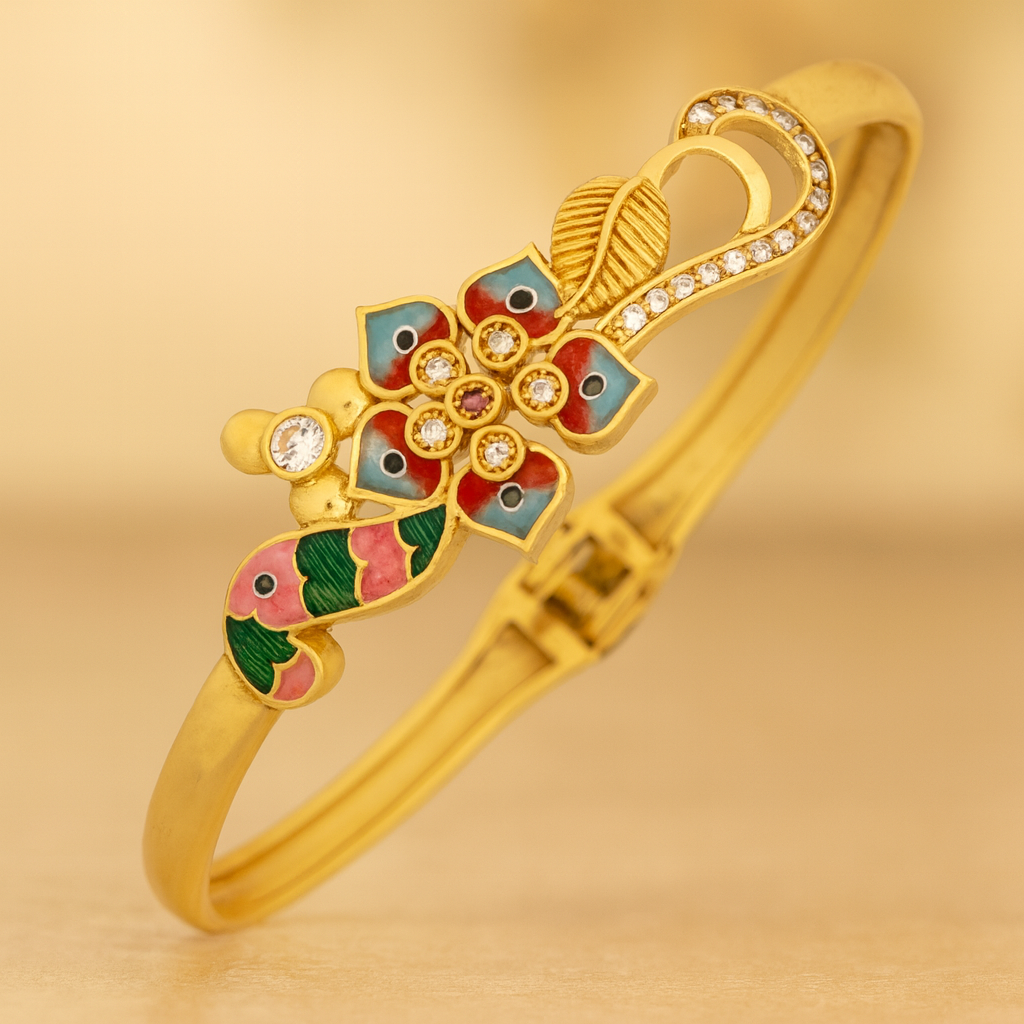 Gold Plated Enamel Peacock Floral Bangle Bracelet with Stone Detailing for Women & Girls