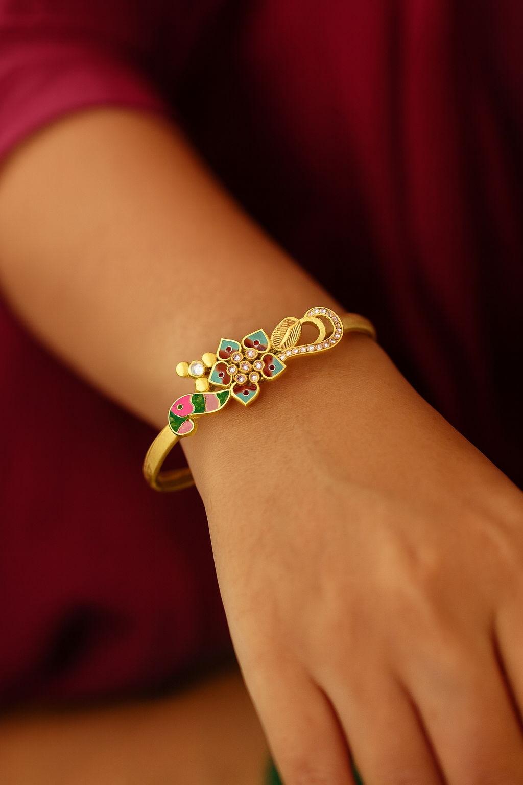 Gold Plated Enamel Peacock Floral Bangle Bracelet with Stone Detailing for Women & Girls