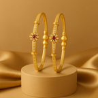 Gold Floral Bangles with Red Stone – Adjustable Size