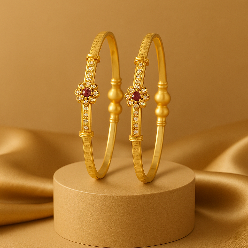 Gold Floral Bangles with Red Stone – Adjustable Size
