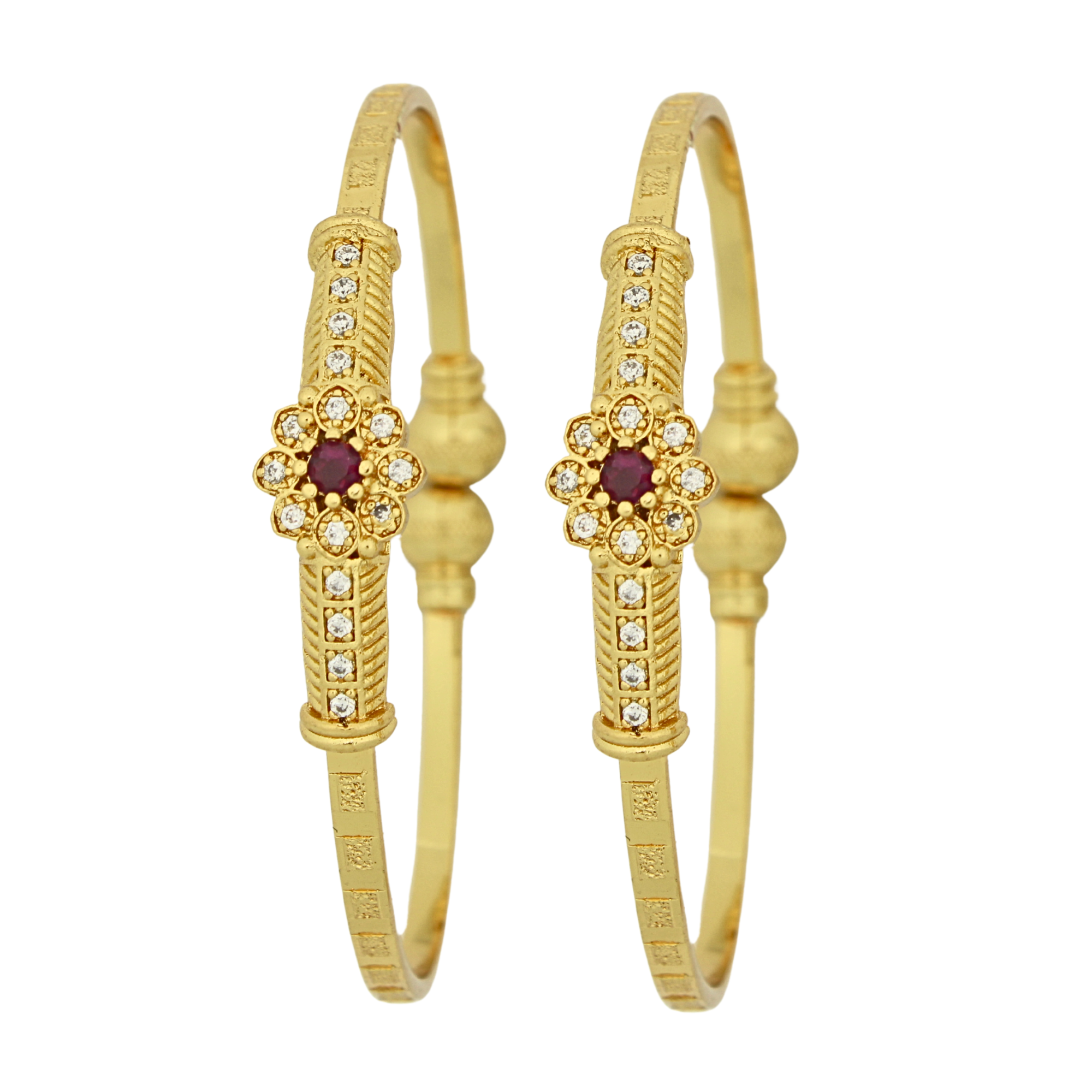 Gold Floral Bangles with Red Stone – Adjustable Size