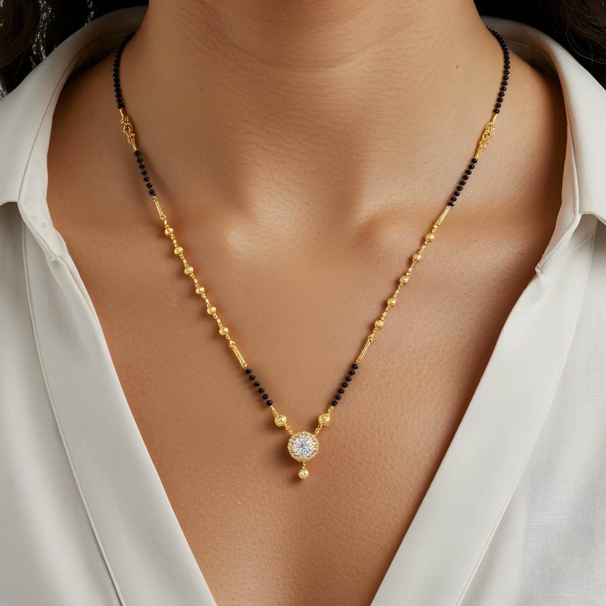 Classic Round Pendant Gold-Plated Mangalsutra with CZ Stones - BeMine