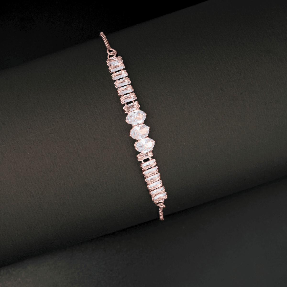 Crystal Arc Bracelet – Rose Gold Elegance with Adjustable Fit - BeMine