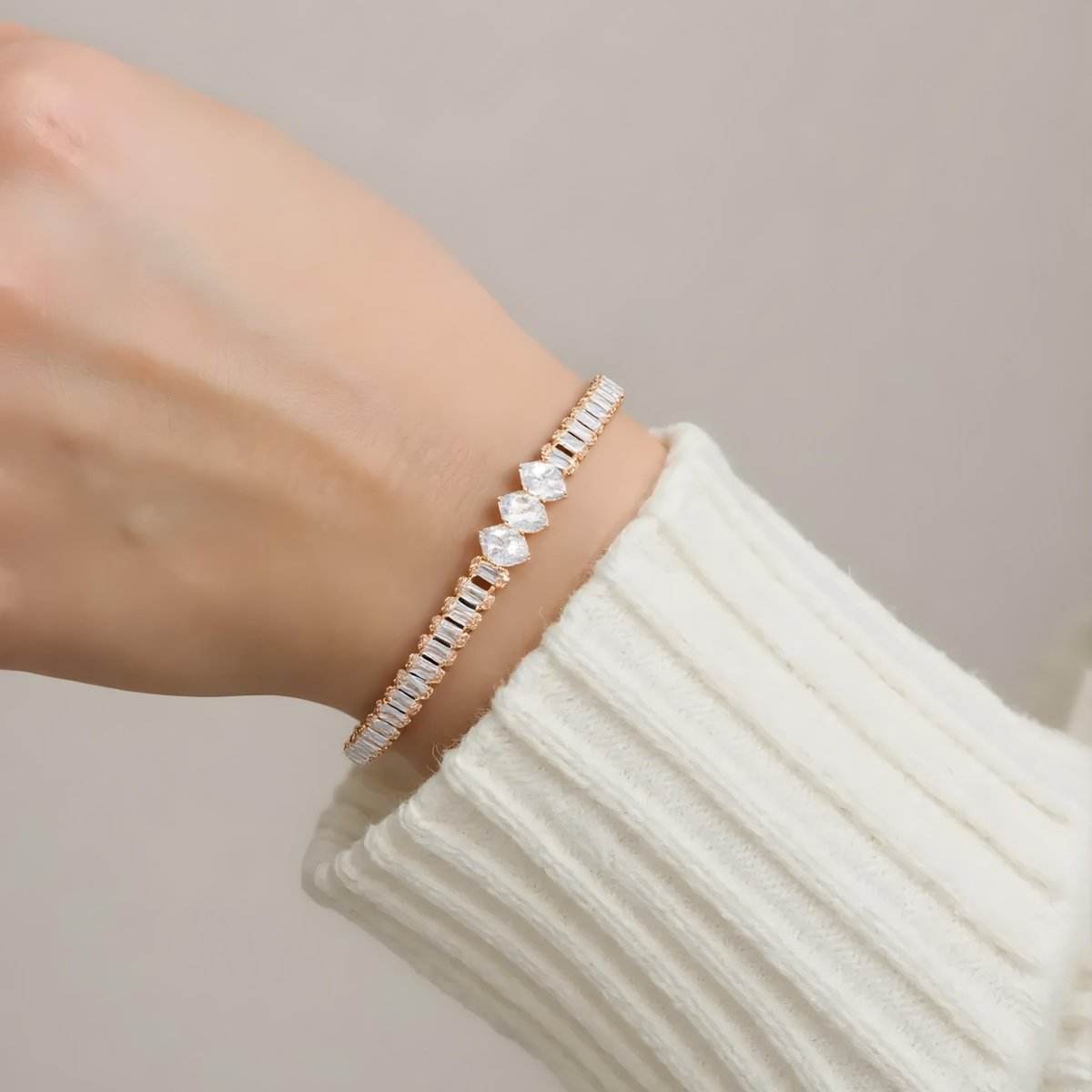 Crystal Arc Bracelet – Rose Gold Elegance with Adjustable Fit - BeMine