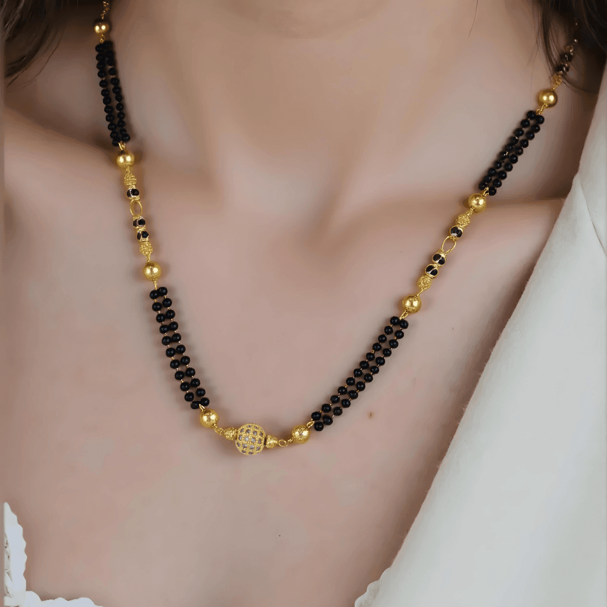 Dual-Strand Gold Beaded Mangalsutra with Studded Ball Centerpiece - BeMine