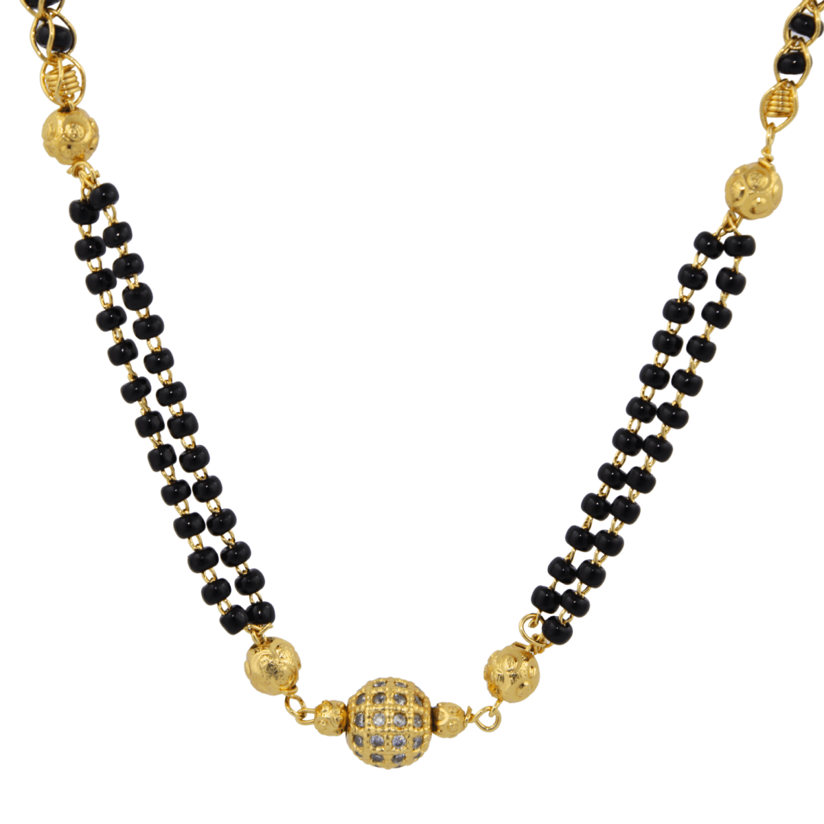 Dual-Strand Gold Beaded Mangalsutra with Studded Ball Centerpiece - BeMine