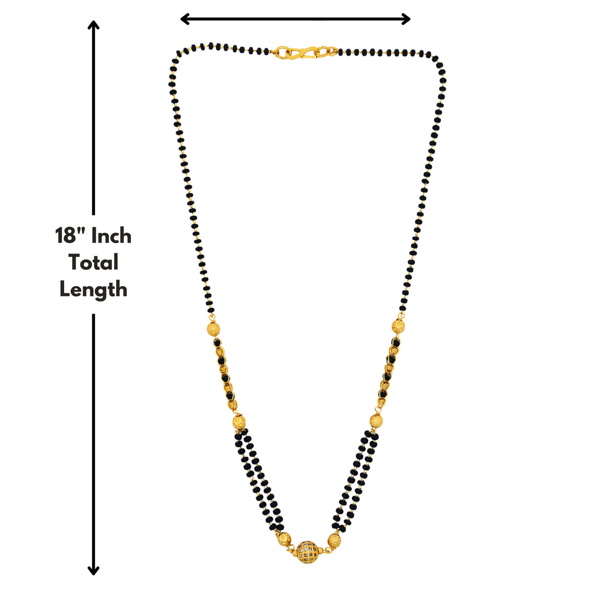 Full length 18-inch mangalsutra laid flat showing bead details and clasp