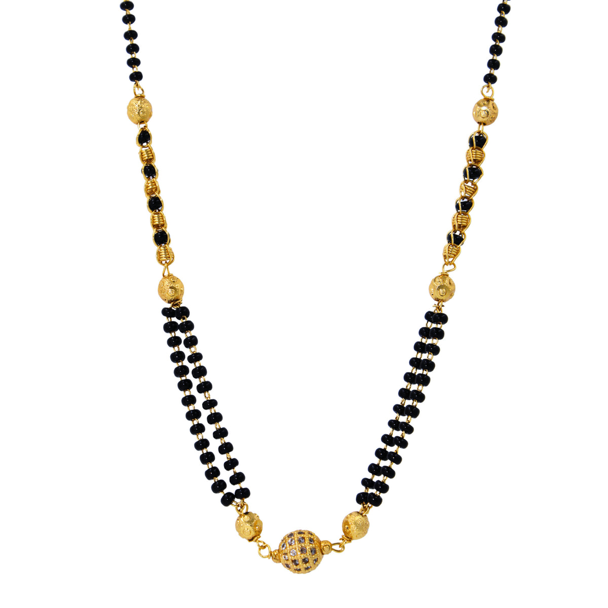 Mangalsutra necklace on white background highlighting bead patterns and central pendant