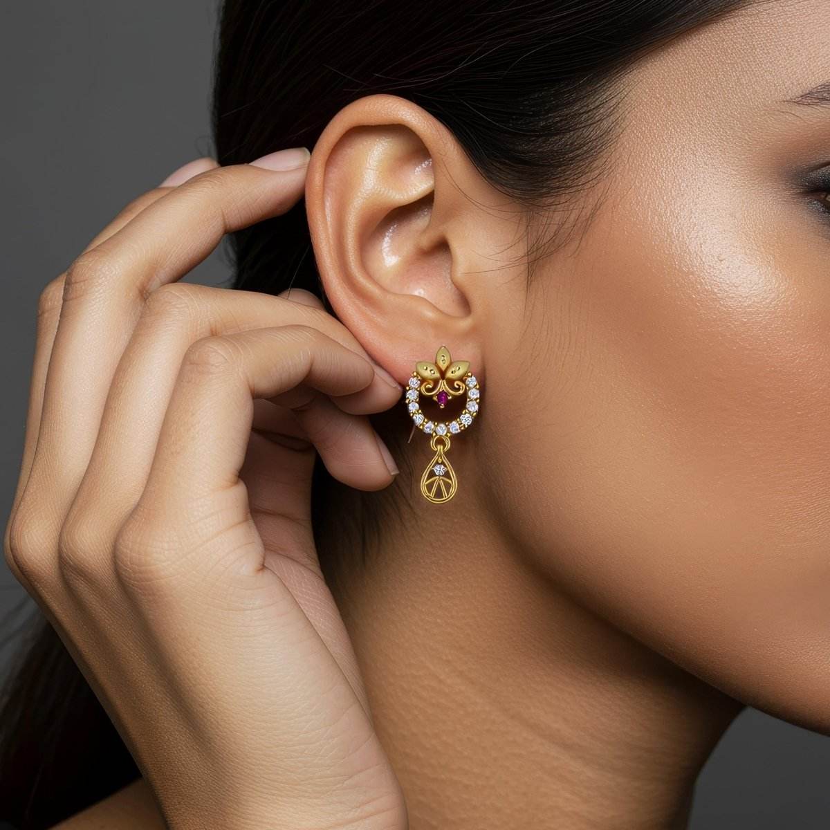 Elegant Floral Diamond-Cut Gold Earrings with Ruby Accent - BeMine