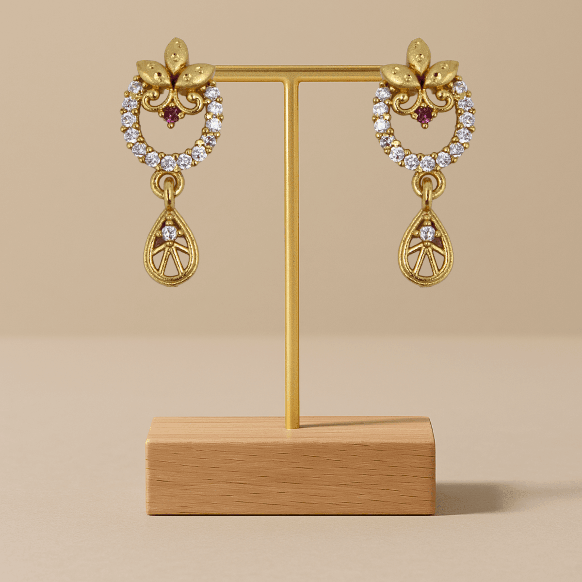 Elegant Floral Diamond-Cut Gold Earrings with Ruby Accent - BeMine