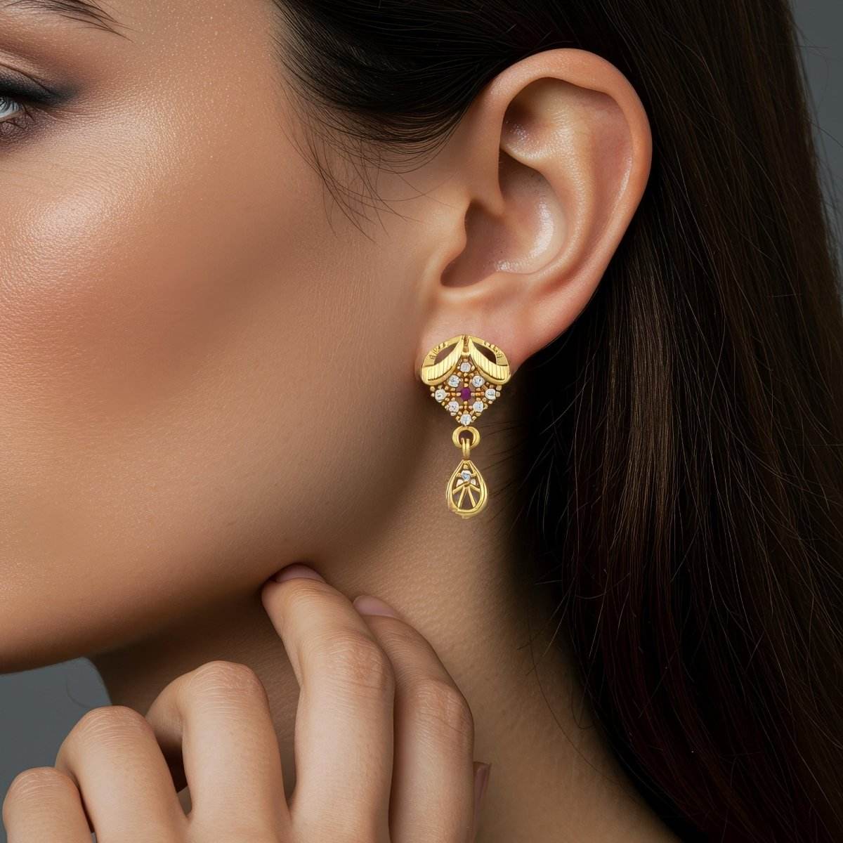 Elegant Floral Drop Gold-Plated Stud Earrings with Ruby Accent - BeMine