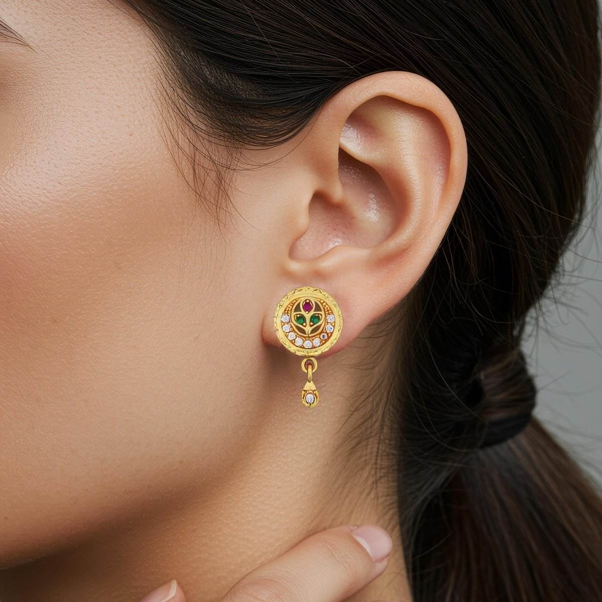 Elegant Floral Gold Plated Stud Earrings with Ruby & Emerald Accents - BeMine
