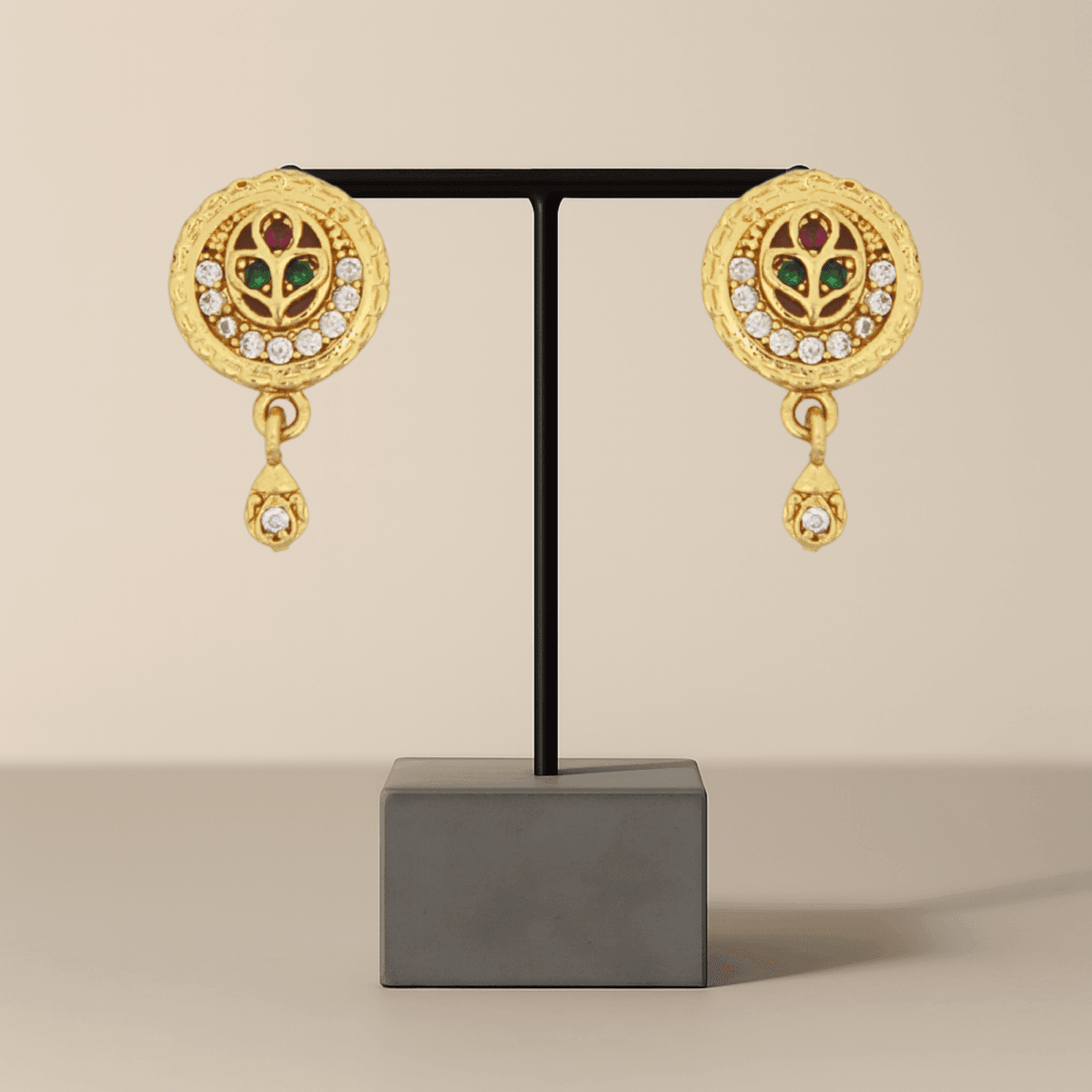 Elegant Floral Gold Plated Stud Earrings with Ruby & Emerald Accents - BeMine