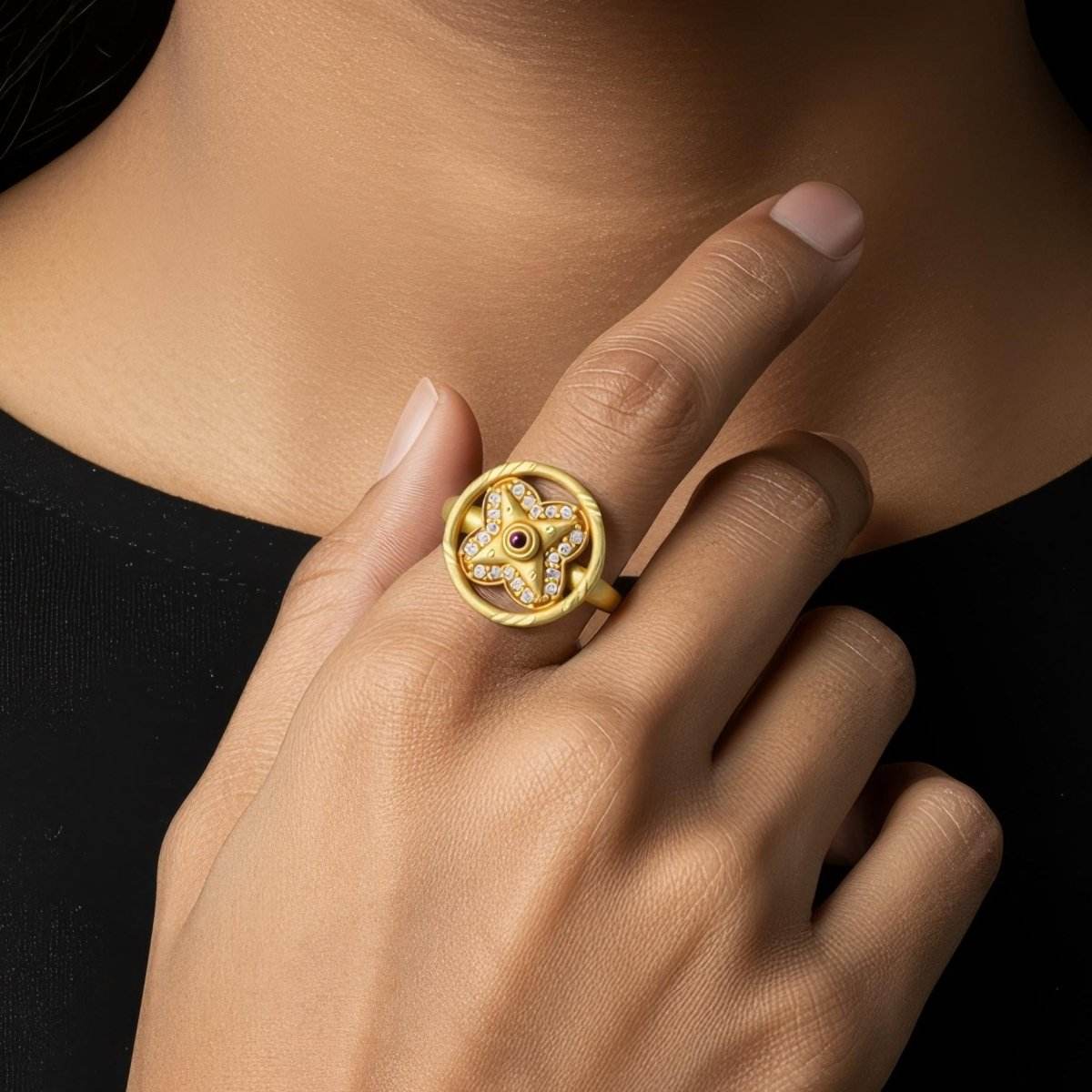 Elegant Gold-Plated Adjustable Ring for Women – Star Motif with Ruby & CZ Accents - BeMine