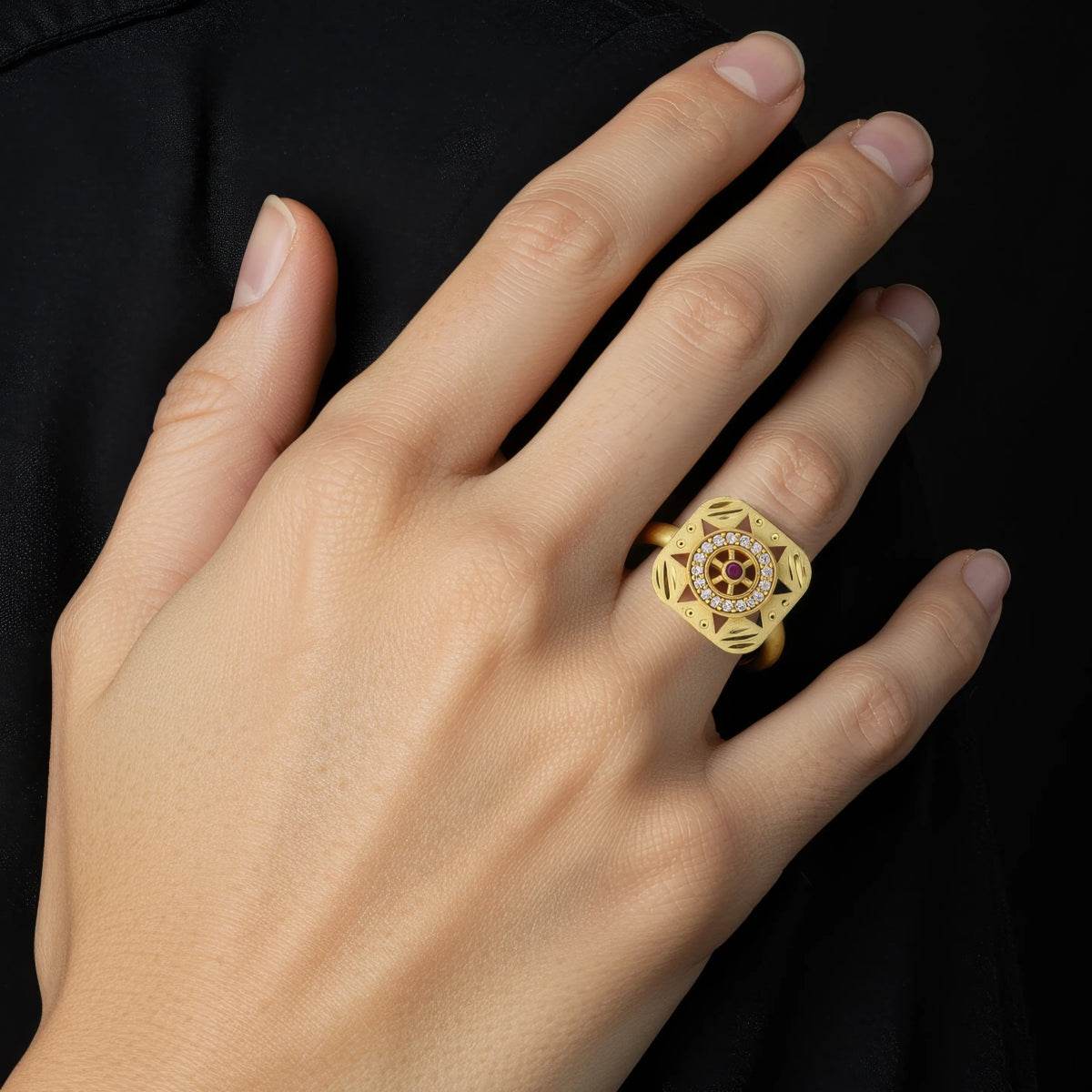 Elegant Gold-Plated Adjustable Ring for Women with Ruby & CZ Accents - BeMine