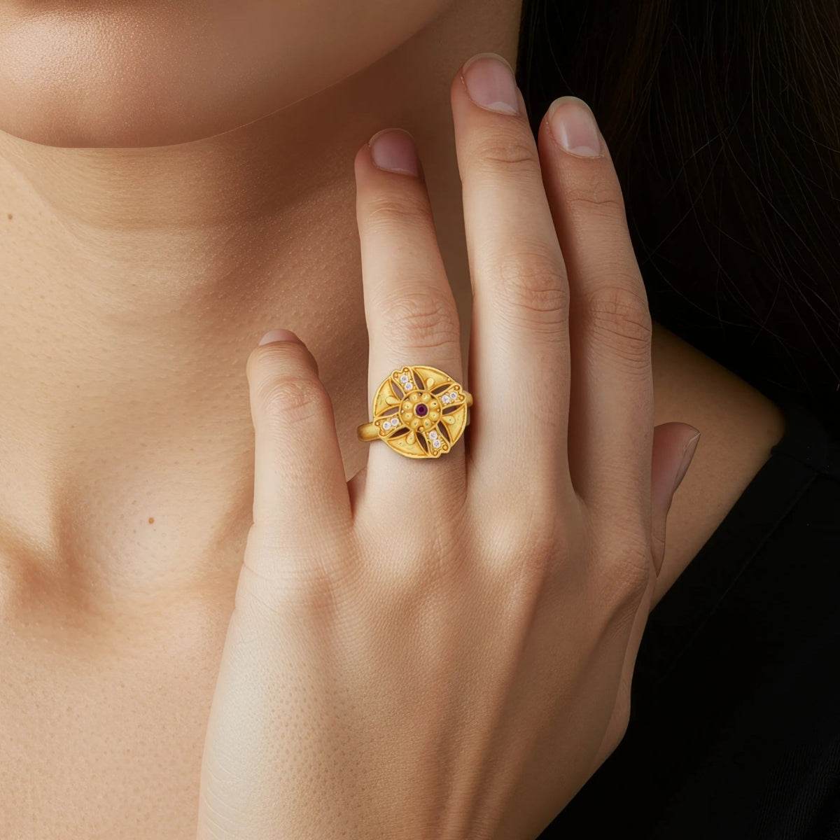 Floral Gold-Plated Adjustable Ring for Women – CZ Accents with Ruby Center - BeMine