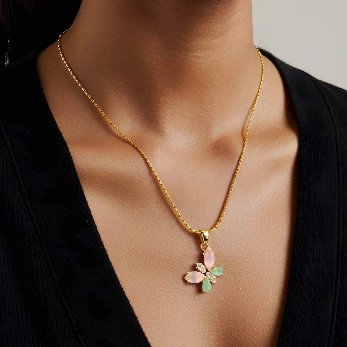Floral Pastel Stone Pendant Necklace with Gold-Toned Chain - BeMine