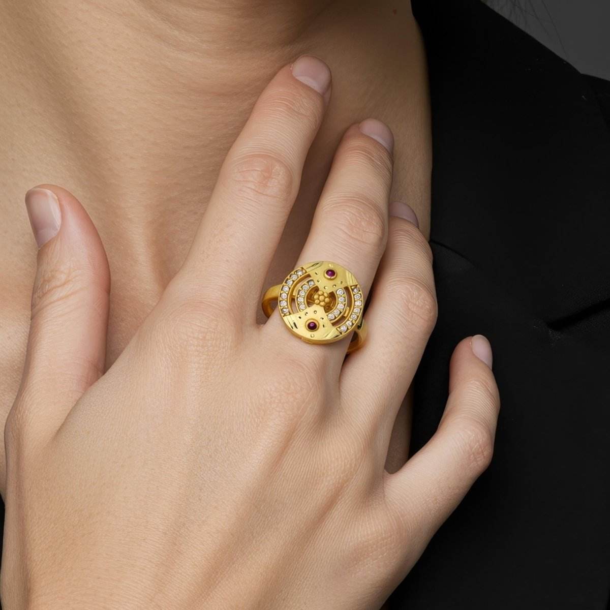 Gold-Plated Adjustable Circular Ring with Ruby Accents for Women - BeMine