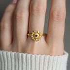Gold-Plated Adjustable Floral Ring with Ruby Center & CZ Petals - BeMine