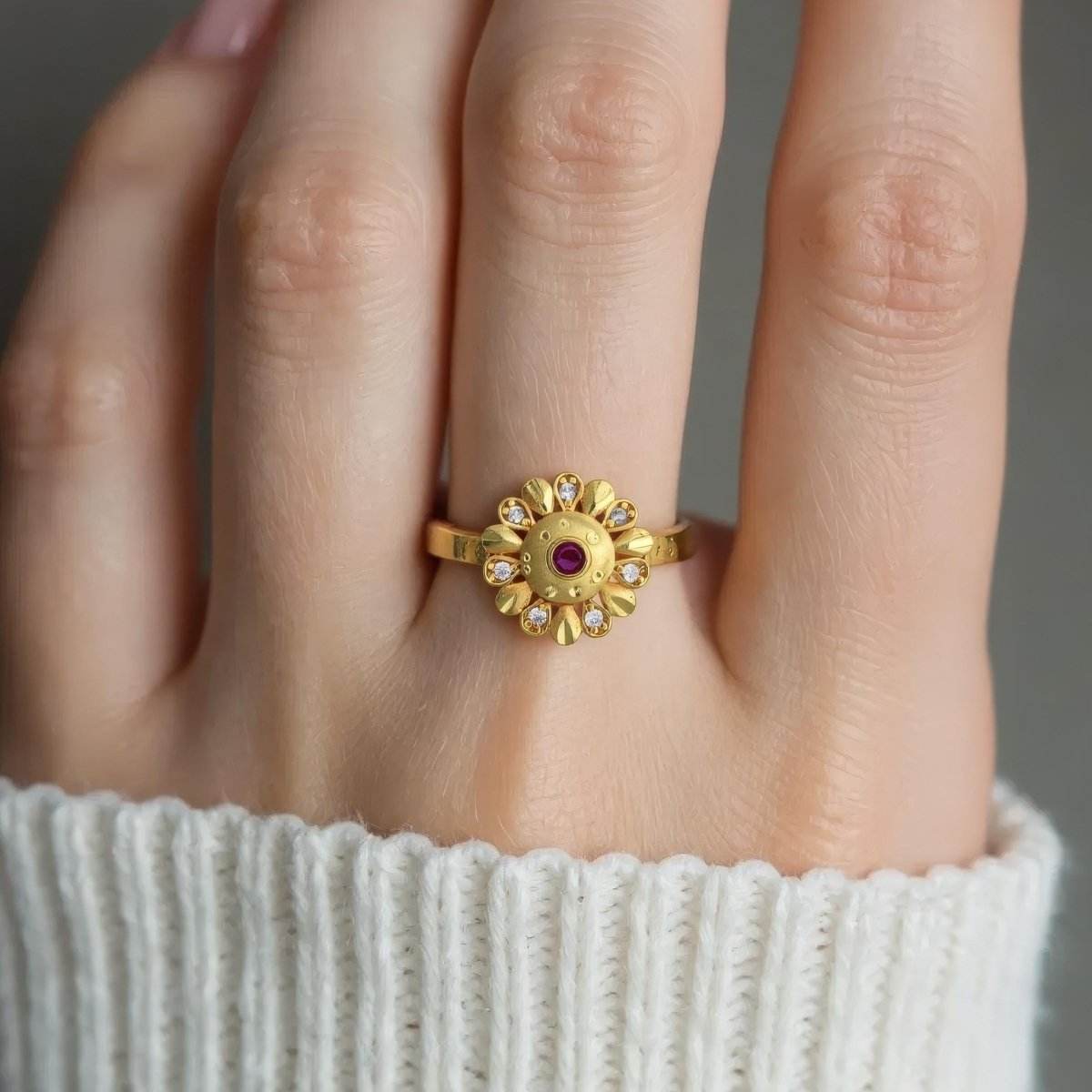 Gold-Plated Adjustable Floral Ring with Ruby Center & CZ Petals - BeMine