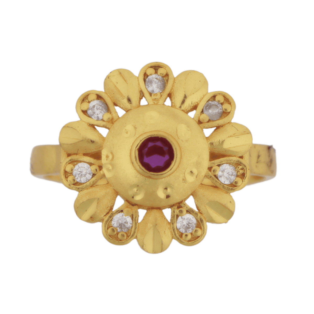 Gold-Plated Adjustable Floral Ring with Ruby Center & CZ Petals - BeMine