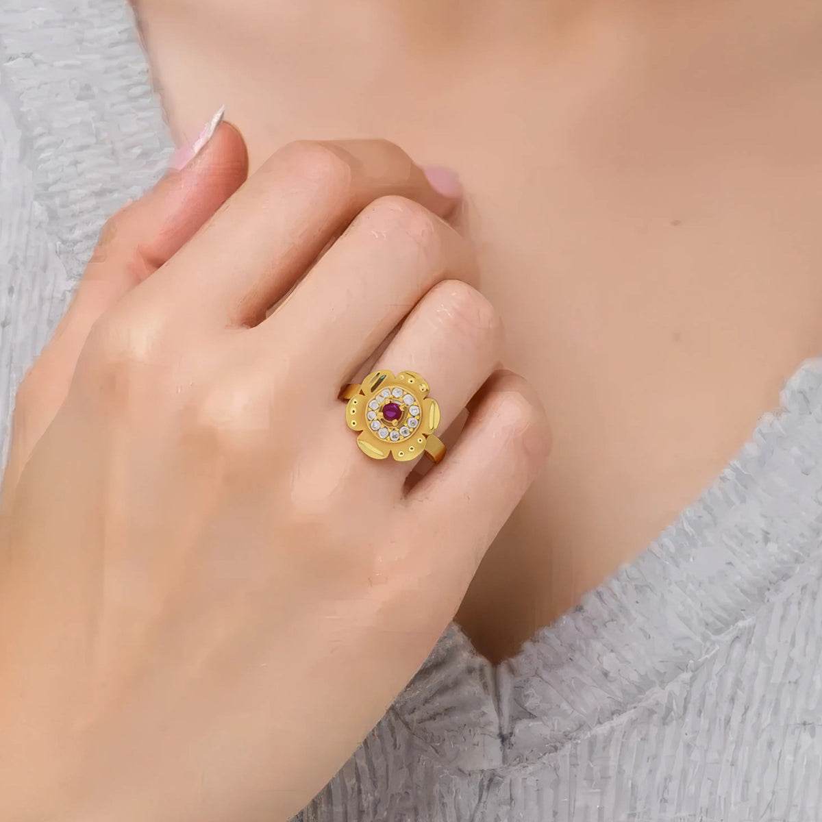 Gold-Plated Adjustable Petal Design Ring with Ruby Center & CZ Accents - BeMine