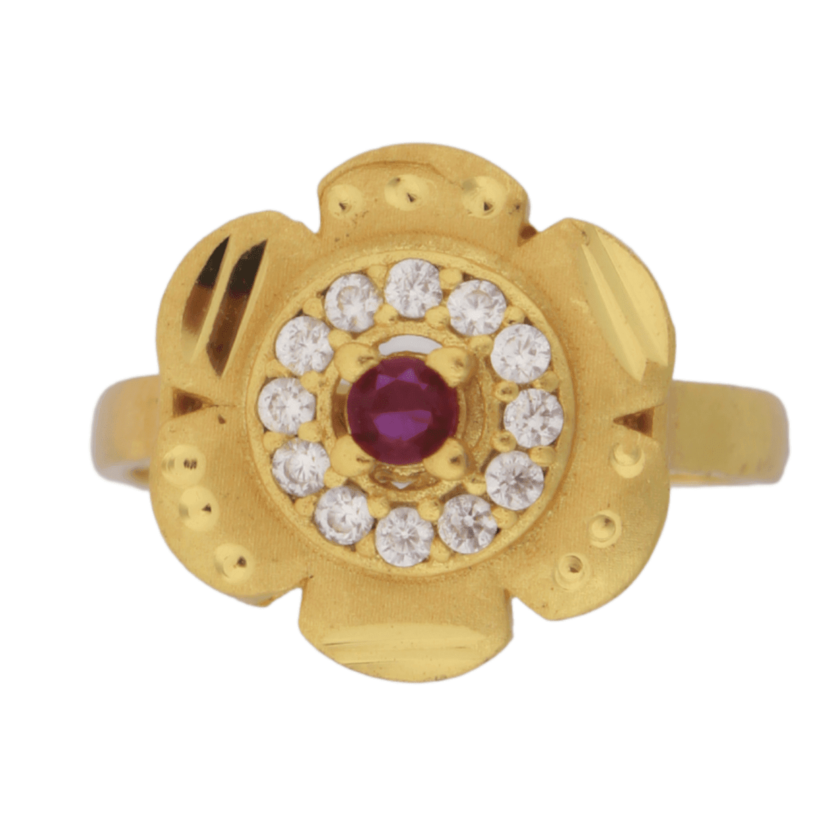 Gold-Plated Adjustable Petal Design Ring with Ruby Center & CZ Accents - BeMine