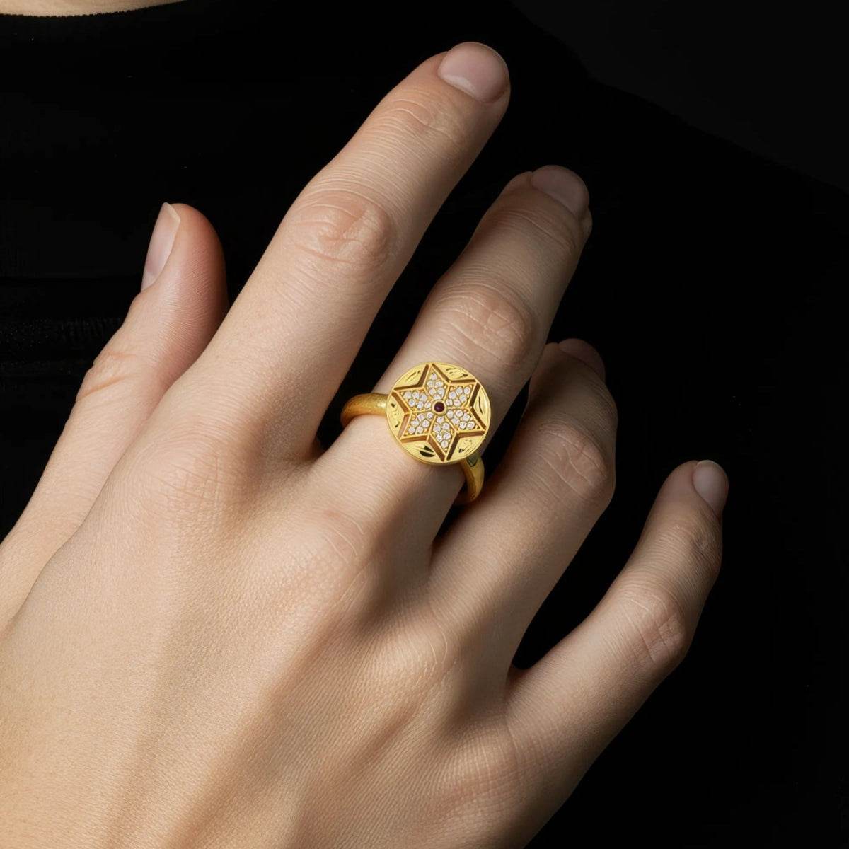 Gold-Plated Adjustable Ring for Women – Starburst CZ & Ruby Design - BeMine