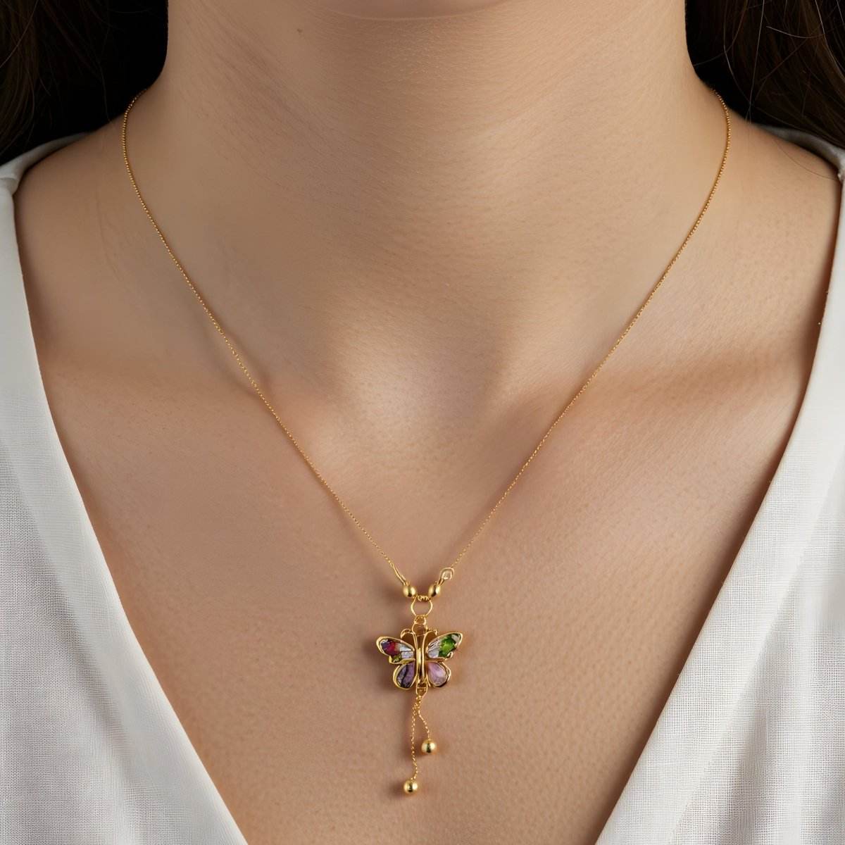 Gold-Plated Butterfly Pendant Chain with Multi-Colored Stones - BeMine
