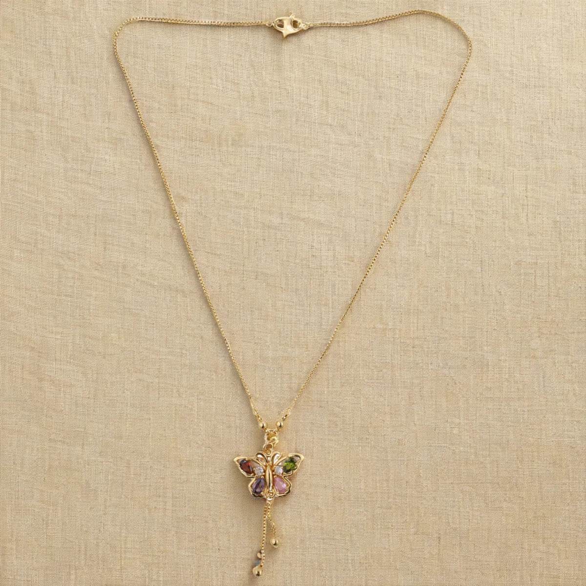 Gold-Plated Butterfly Pendant Chain with Multi-Colored Stones - BeMine