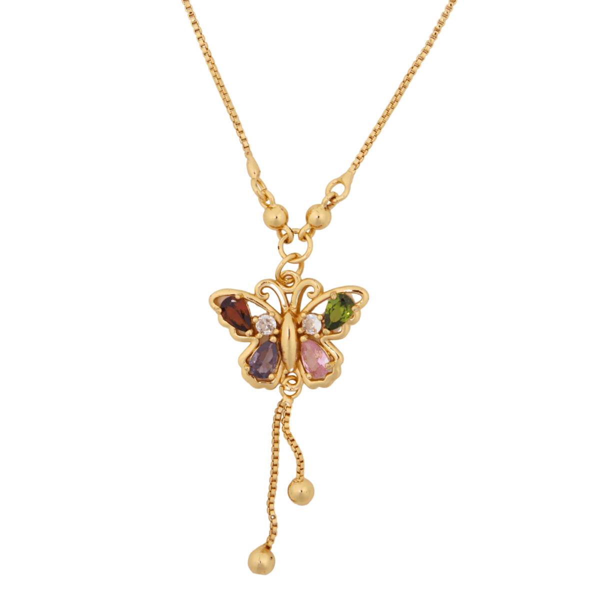 Gold-Plated Butterfly Pendant Chain with Multi-Colored Stones - BeMine