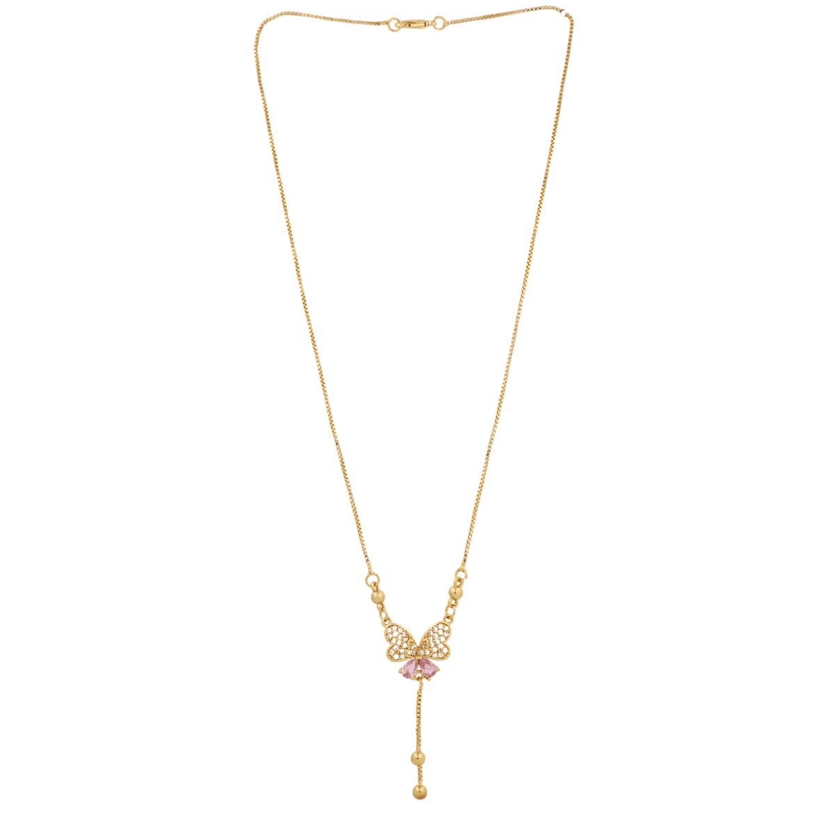 Gold-Plated Butterfly Pendant Necklace with Pink & CZ Stones - BeMine