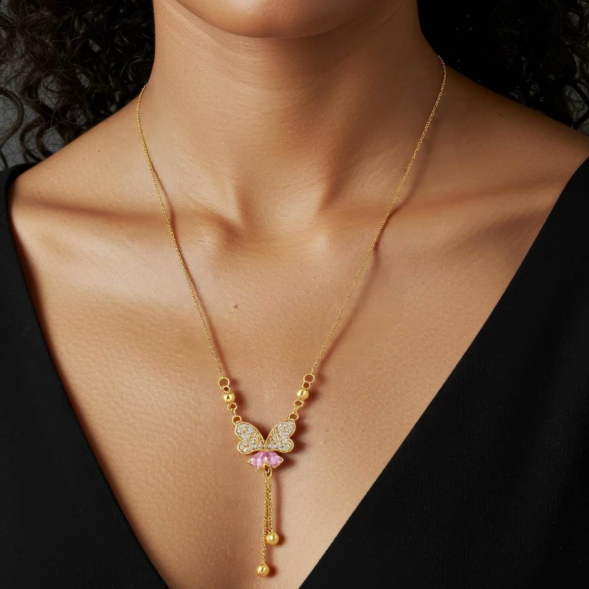 Gold-Plated Butterfly Pendant Necklace with Pink & CZ Stones - BeMine