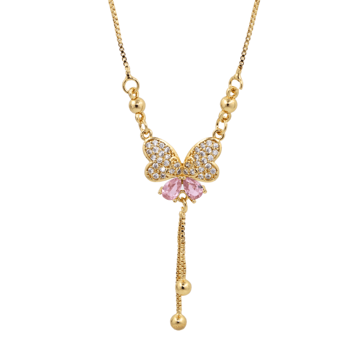 Gold-Plated Butterfly Pendant Necklace with Pink & CZ Stones - BeMine