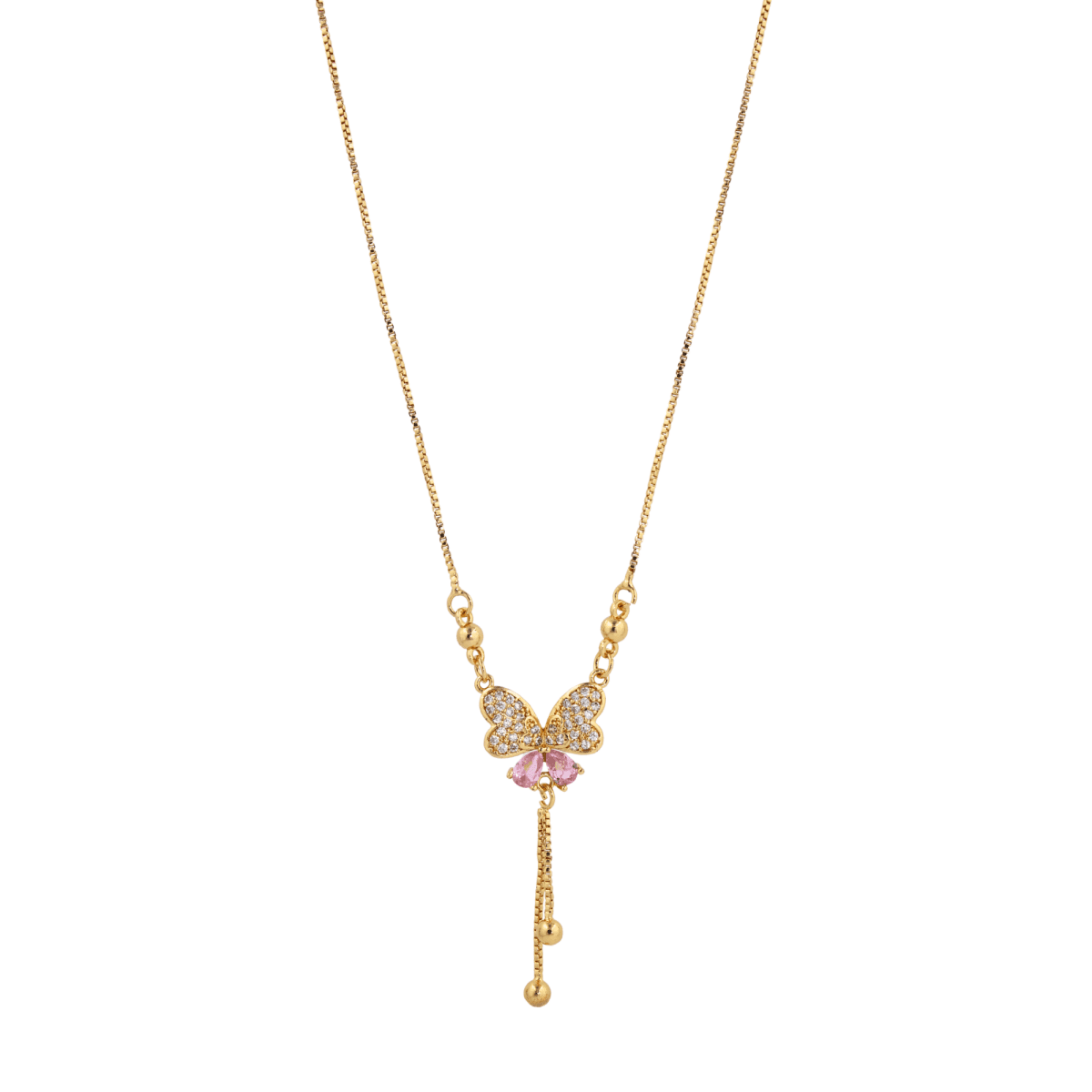 Gold-Plated Butterfly Pendant Necklace with Pink & CZ Stones - BeMine