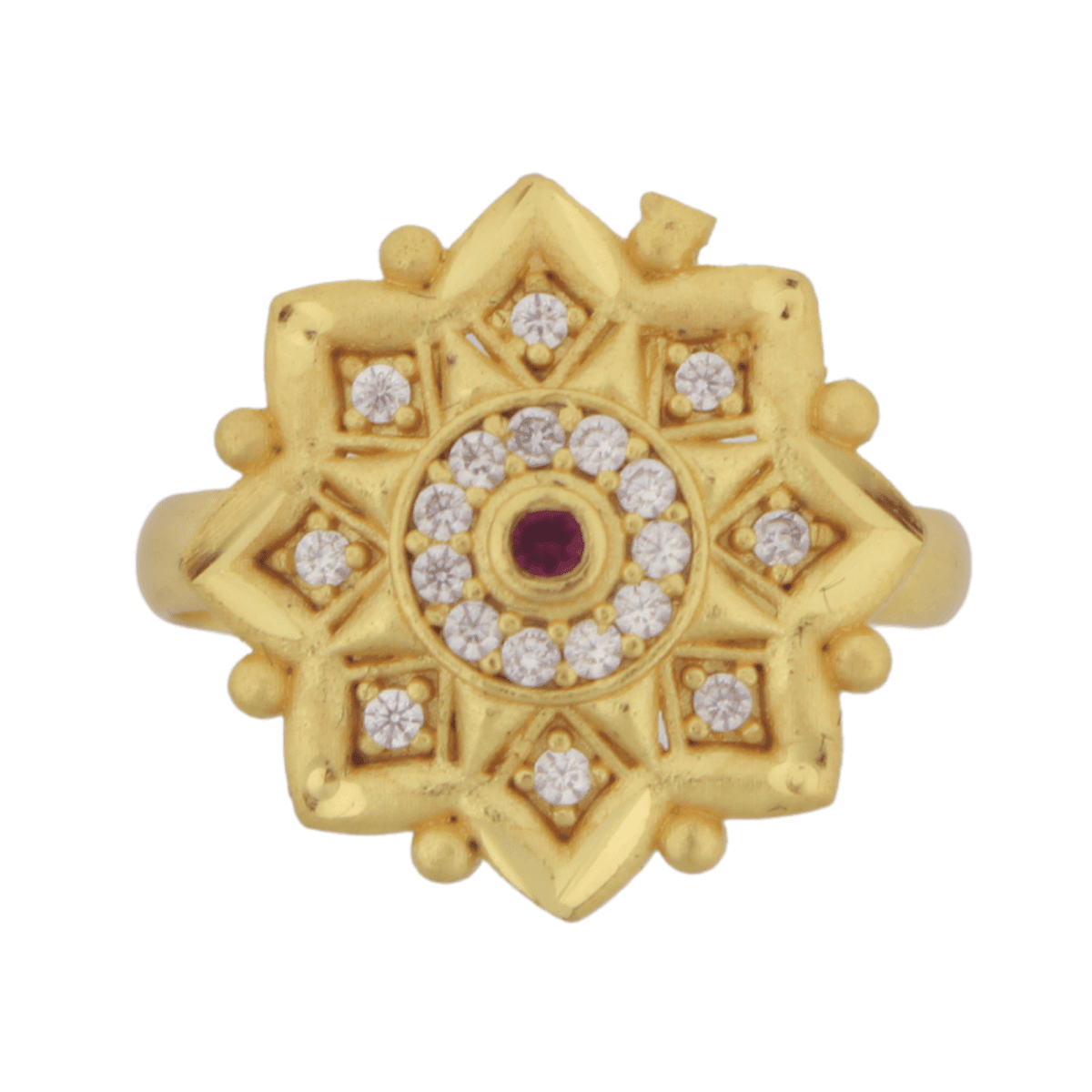 Gold-Plated Floral Adjustable Ring with Ruby & CZ Stones for Women - BeMine