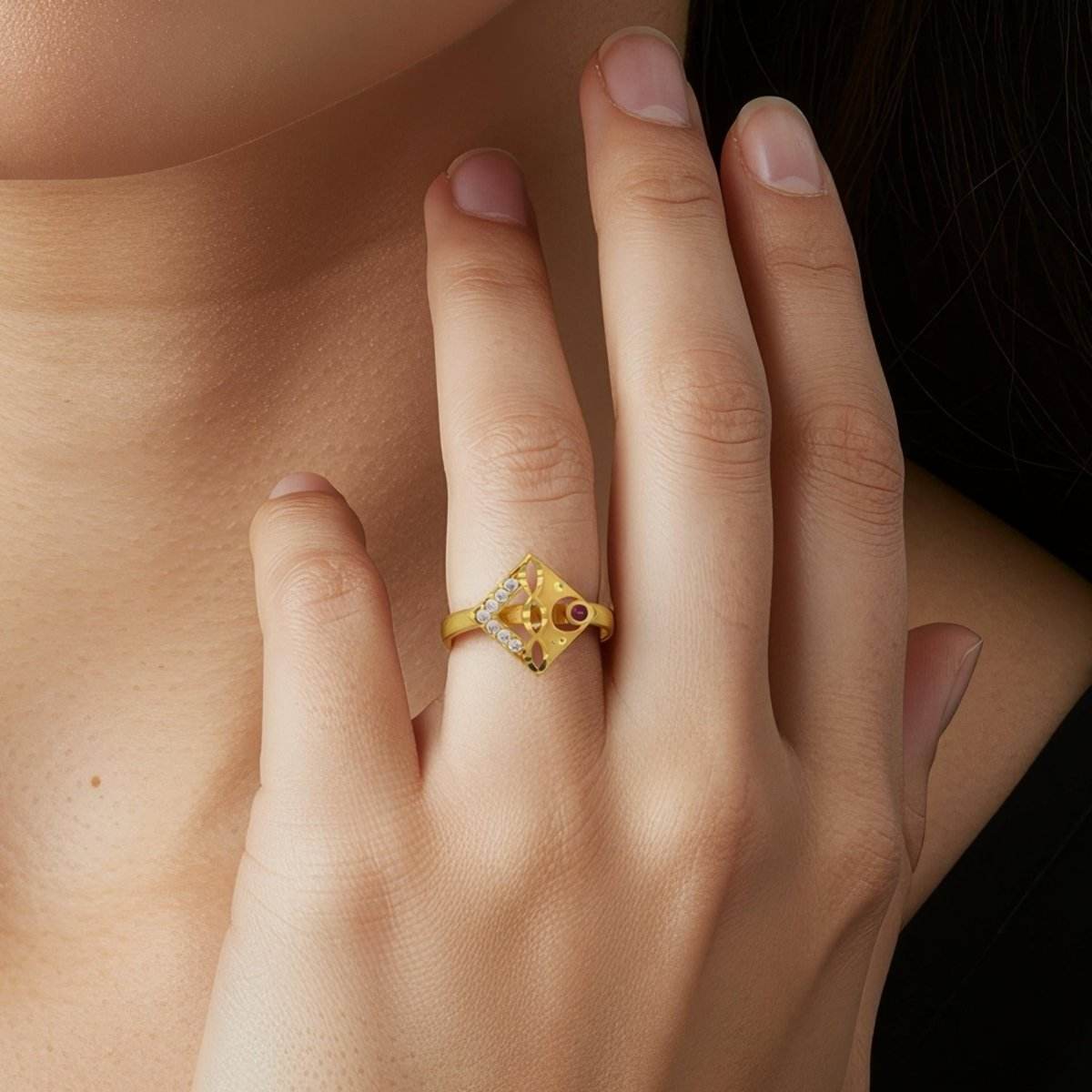 Gold-Plated Geometric Adjustable Ring with CZ Accents & Ruby Stone - BeMine